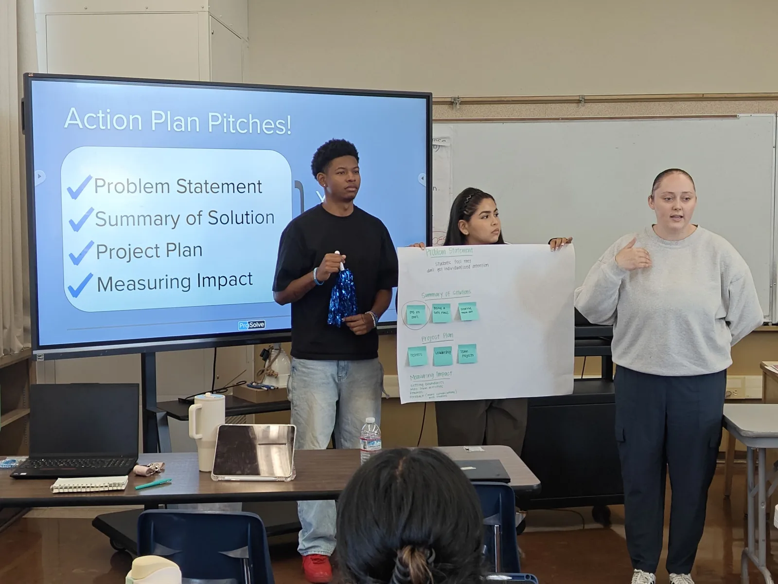 Students pitching their action plan to the class